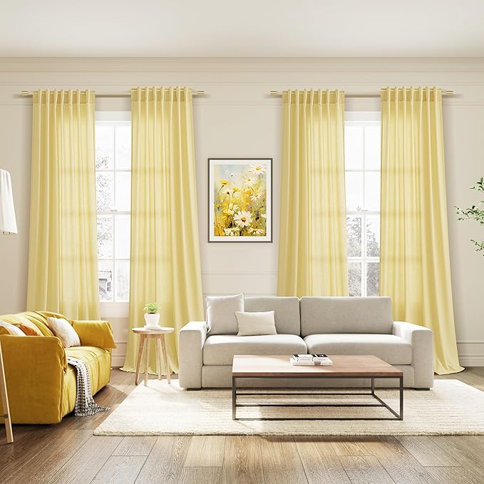 Nanspring Yellow Linen Boho Curtains for Bedroom Back Tab Rod Pocket Semi Sheer Linen Curtains 90 Inches Long 2 Panel Set Light Filtering Neutral Farmhouse Lightweight Drapes for Living Room 52x90