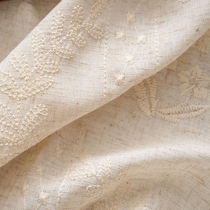 jinchan Belrose 4 Panel Curtains Set 90 Inch Length Floral Curtains Linen Blend Ivory Embroidered Drapes Farmhouse Flower Patterned Drapes for Living Room Bedroom Window Treatments Set of 4