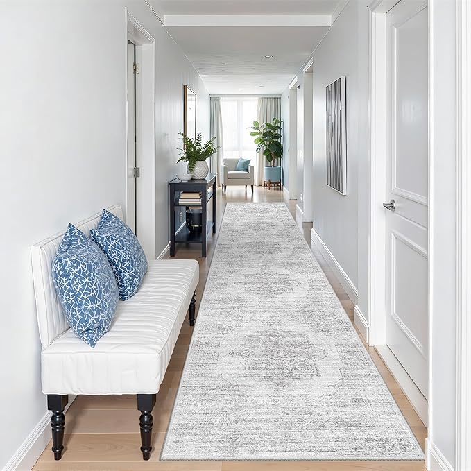 2x10 Runner Rug, Long Hallway Rugs for Dining Room, Living Room, Bedroom, Machine Washable Kitchen Carpet Runner with Rubber Backing, Soft Low Pile Indoor Rug(2'x10', Light Grey/White)