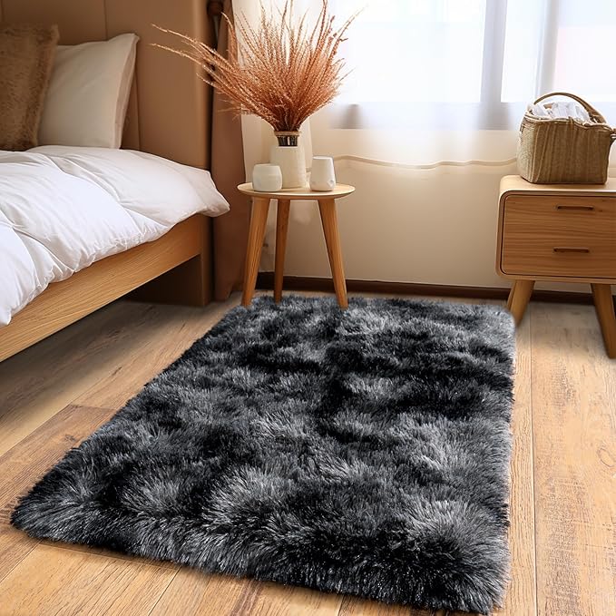 Pionblank Fluffy Small Rug for Bedroom 2x3 Feet, Shag Soft Area Rug, Modern Plush Carpet, Furry Cute Bedside Rug for Kids Girls Boys Room Nursery Decor, Dark Grey