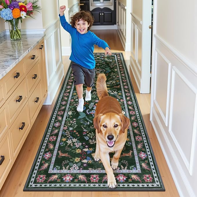HEBE Washable Hallway Runner Rug 2'x 8' Non Slip Kitchen Rugs Runner,Low Pile Entryway Rug Laundry Room Mat Floral Carpet Runners for Hallways, Kitchen,Bathroom,Laundry,Bedside Rug