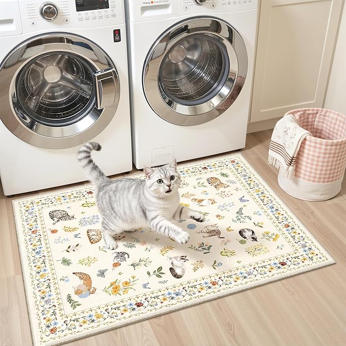 2x3 Cat Rugs for Entryway, Machine Washable Door Mat Animal Floral Small Area Rug Non-Slip Low Pile Soft Throw Rugs for Entrance Kitchen Indoor Front Door Kids Room (2 x 3,Beige)