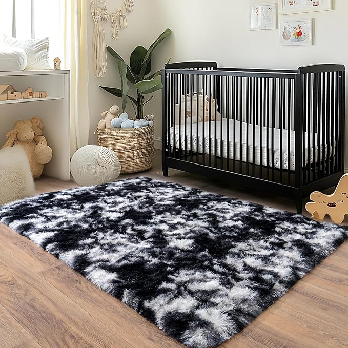 Pionblank Fluffy Area Rug for Bedroom 4x6 Feet, Indoor Plush Carpet, Shag Soft Bedside Rug, Cute Comfy Furry Rug for Living Room Dorm Girls Boys Room Nursery Decor, Black White