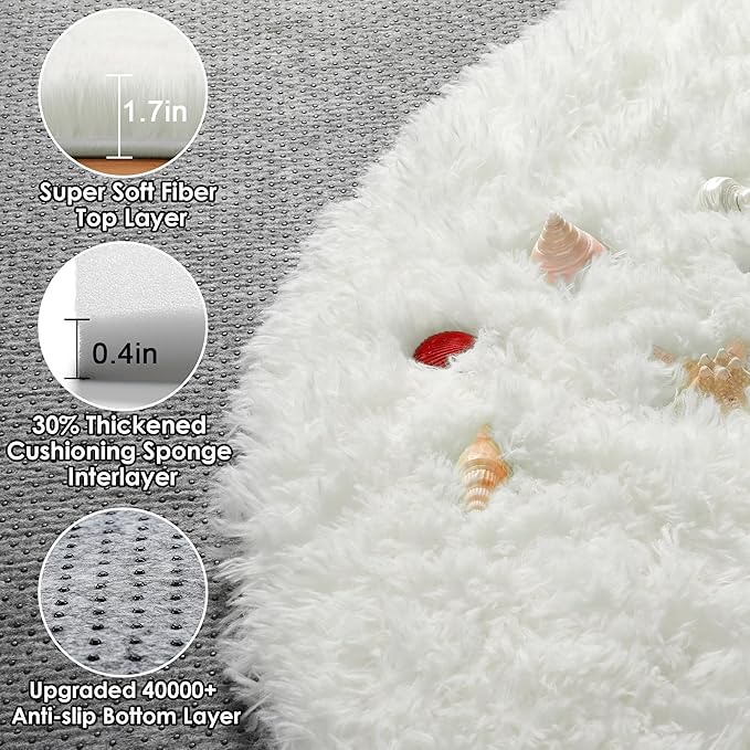 ONASAR Cream White Round Rugs 8ft for Living Room, Ivory Fluffy Bedroom Circle Area Rug, Soft Plush Shaggy Carpet for Kids Girls Boys Teen Nursery Dorm Classroom Playroom Home Decor Aesthetic