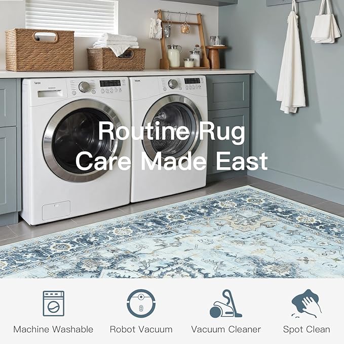Lofus 6x9 Area Rugs for Living Room, Machine Washable Non-Slip Area Rug, Low Pile Large Rugs for Bedroom, Kitchen, Dining Room, Home Office, Vintage Oriental Print Rug, Blue Gold
