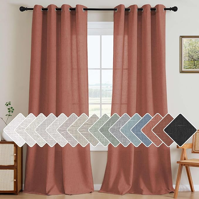 H.VERSAILTEX Living Room Linen Curtains Semi Sheer Curtains Nickel Grommet Curtain Energy Saving Light Filtering Window Treatments Panels for Bedroom, Rust, 2 Panels, 52 x 108 - Inch