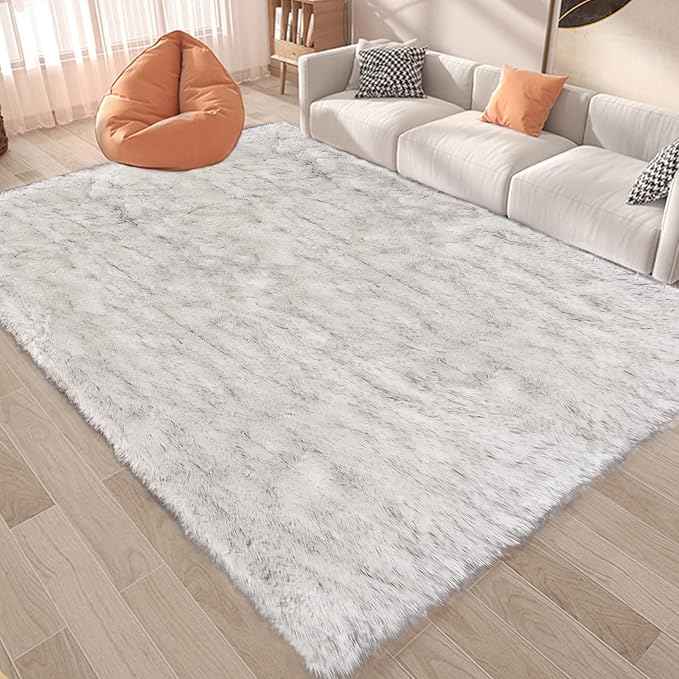 Latepis 10x14 White with Grey Tips Fur Rug for Living Room Faux Sheepskin Fluffy Shag Rug for Bedroom Fuzzy Rug Room Décor Entertainment Room, Rectangle