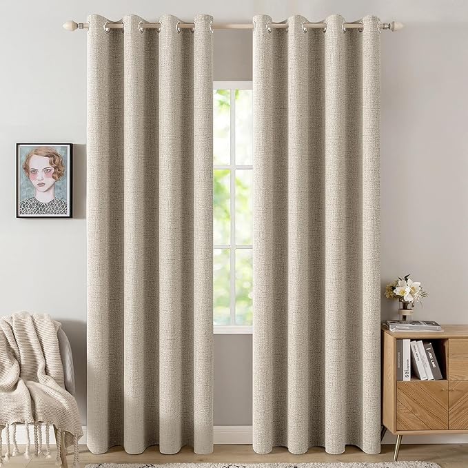 MIULEE 100% Blackout Linen Curtains for Bedroom Thermal Insulated Stone Grommet Room Darkening Curtains & Drapes Fall Decor for Living Room Nursery 52 x 84 Inch (2 Panels)