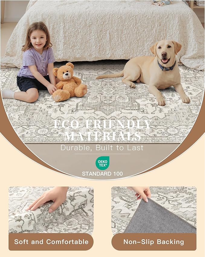 Madane 3x12 Hallway Runner Rug, Non Slip Washable 12ft Runner for Hallways Soft Vintage Kitchen Rugs Low-Pile Thin Floor Carpet Runner for Entryway Bathroom Bedroom, Beige/Brown