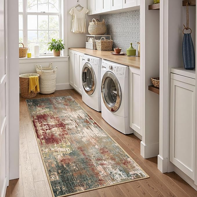 Washable Area Rugs 2'x6' Non-Slip Modern Abstract Soft for Living Room Entryway Bedroom Nursery, Print Pattern, Brown Rust Red Green Blue Multi