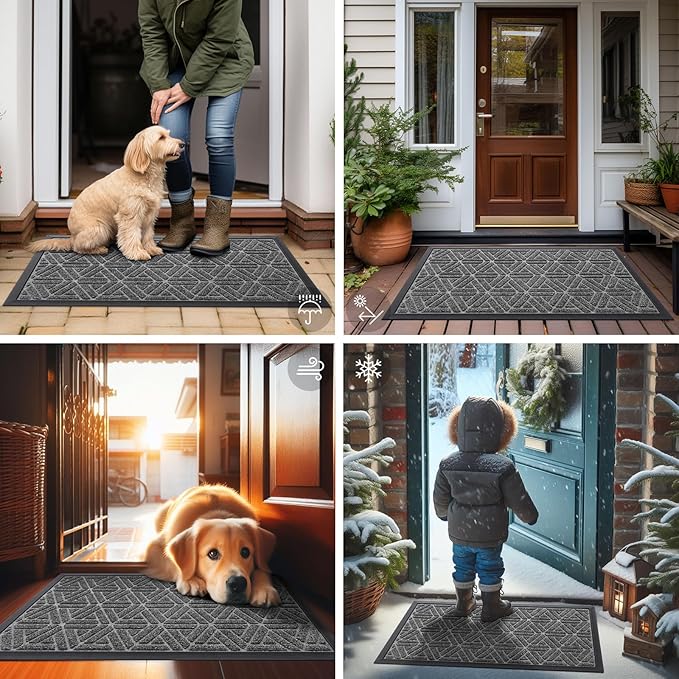 Smiry Front Door Mat Outside Entrance, Heavy Duty Sturdy Natural Rubber Doormat, Trap Dirt and Moisture, Easy Clean Low Profile Mats for Indoor Outdoor Entry, Grid Geometric (29.5x17, Silver Grey)
