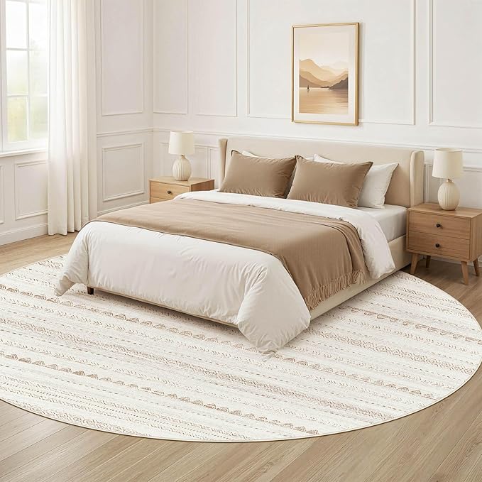 Nakagishi Round Rug Boho Area Rugs: 4x4 Washable Large Circle Neutral Soft Stain Resistant Non-Slip Carpet for Women Aged 25-45 Farmhouse Decor Enthusiasts - Living Room Bedroom Dining Room Nursery