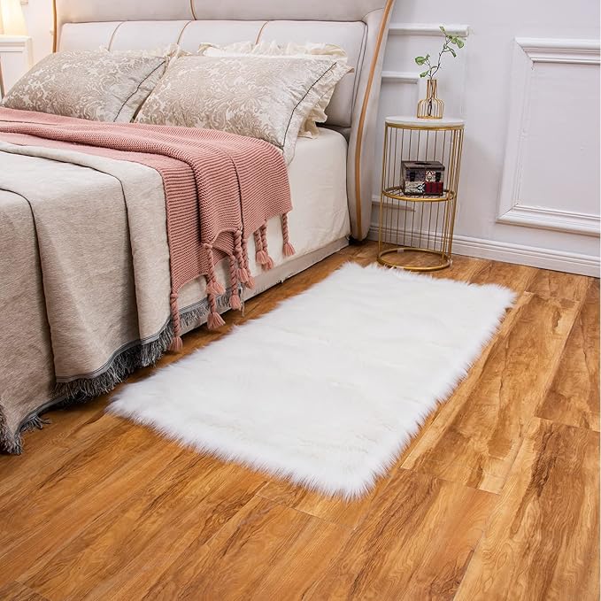 EasyJoy Ultra Soft Fluffy Shaggy Area Rug Faux Fur Rug Chair Cover Seat Pad Fuzzy Area Rug for Bedroom Floor Sofa Living Room (2 x 4 ft Rectangle, White)