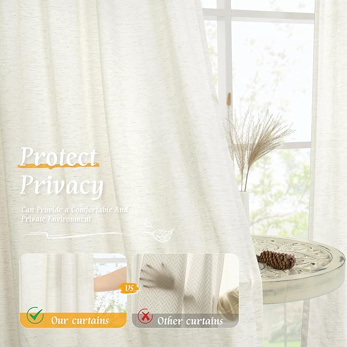 LAMIT Natural Linen Curtains for Bedroom, 72 Inch Faux Linen Textured Light Filtering Drapes Rod Pocket Window Panels for Living Room/Sliding Door, Set of 2 Panels, 52 x 72 Inch, Cream