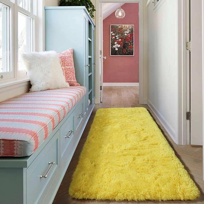 ONASAR Yellow Runner Rugs for Bedroom Living Room, Fluffy 2x6 Bedside Hallway Area Rug, Ultra Soft Plush Furry Faux Fur Non Slip Floor Carpet for Nursery Kids Dorm Closet Home Decor Aesthetic