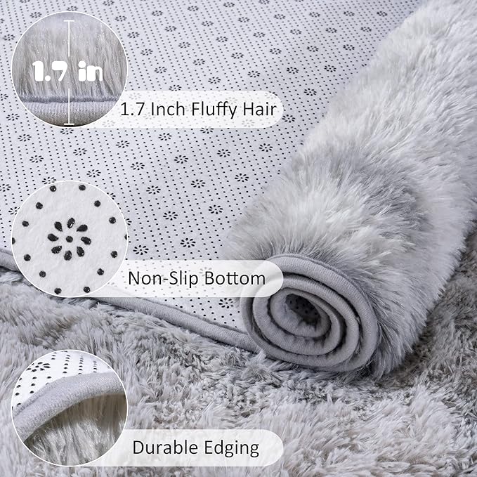Chicrug Cute Fluffy Area Rug for Girls Bedroom, 2x6 Feet Fluffy Kids Rug for Room Decor, Shag Soft Dorm Playroom Rug, Bedside Rugs for Baby Nursery Room, Grey