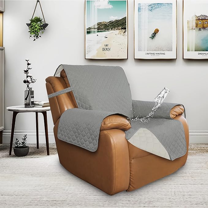 ISSUNTEX Double Protection 100% Waterproof Recliner Covers for Living Room, Reversible Furniture Protector Recliner Couch Sofa Slipcover for Dogs, Pets, Kids (Oversized Recliner, Light Gray/Ivory)