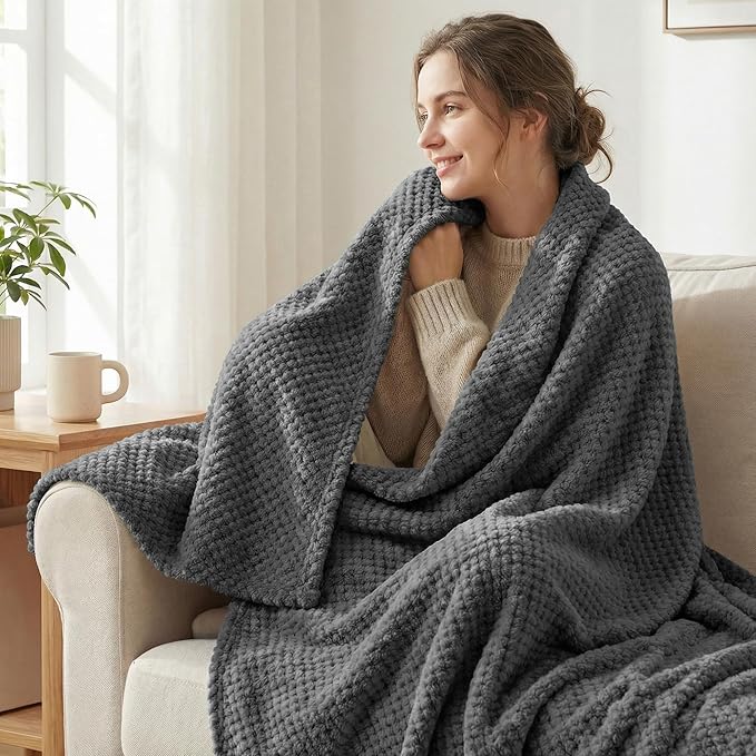 Exclusivo Mezcla Fleece Bed Blanket Twin Size, Super Soft and Warm Blankets for Couch, Sofa and Bed Waffle Textured, Cozy, Fuzzy and Lightweight (Dark Grey, 60x80 inches)