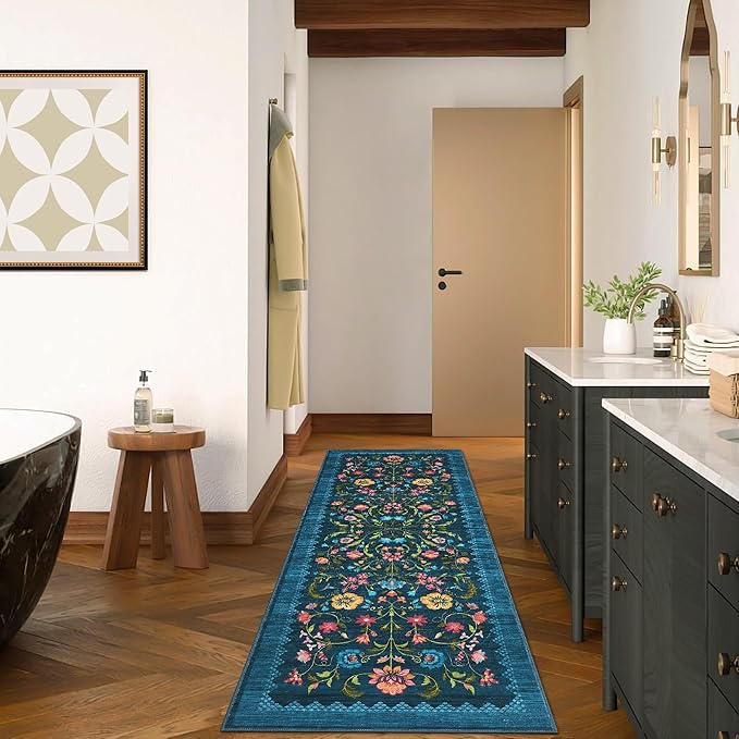 GarveeHome Floral Rug 2.5x8 Runners for Hallways, Boho Kitchen Runner Rugs Non Slip Bath Runners, Vintage Washable Runner Rug for Bedroom, Soft Long Rugs for Entryway Bathroom Laundry Dorm, Blue