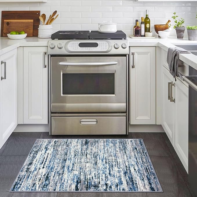 Lansny Modern Abstract Entryway Rug Indoor 2x3 Washable Rug Non-Slip Soft Small Area Rug Grey Blue White Kitchen Mats Thin Print Faux Wool Floor Carpet Throw Rugs for Entrance Bedroom Home Decor