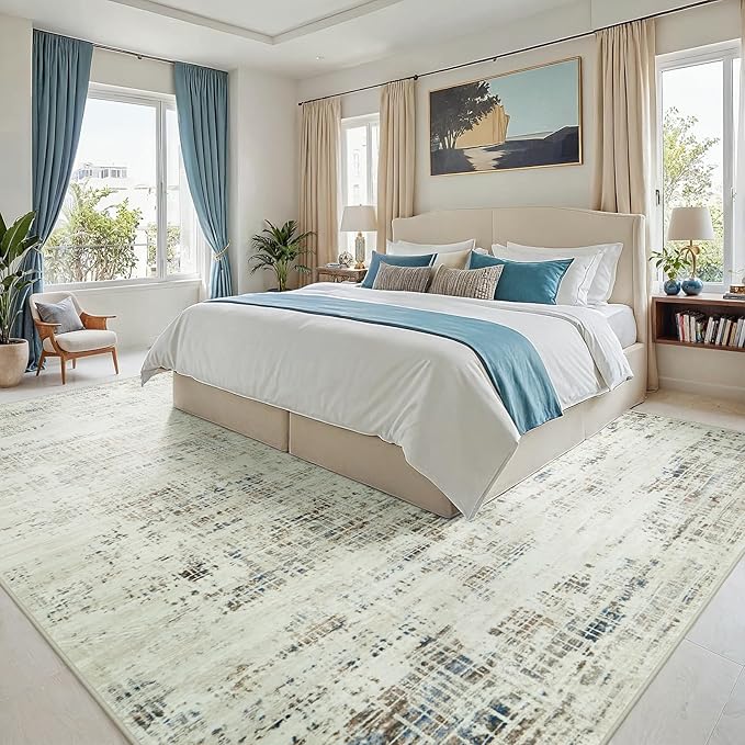 10x14 Area Rugs for Living Room Washable Rug: Anti-Skid Abstract Modern Living Room Rug Soft Thin Carpets Indoor Floor Non-Shedding Carpet for Bedroom Dining Farmhouse Nursery Gray White Blue