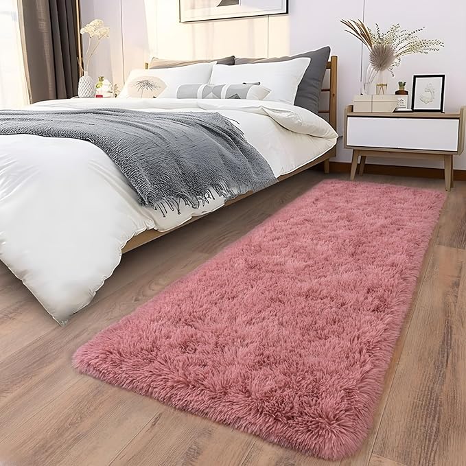 Soft Runner Rugs for Bedroom Hallways, 2x5 Blush Pink Fluffy Shag Throw Area Rug Non Slip for Bedside Dorm, Long Shaggy Furry Carpet for Nursery Living Room