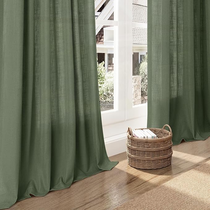 Nanspring Olive Green Linen Sheer Curtains for Living Room 2 Panels Set 106 Inch Length Back Tab Light Filtering & Breathability Semi Sheer Curtain Drapes for Bedroom 52x106