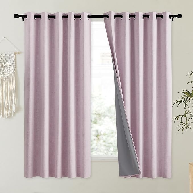 NICETOWN Pink Vintage Linen 100% Blackout Curtains for Kitchen, Thermal Insulated Curtains 63" Long, Noise Reducing Window Treatment Drapes for Dorm Room, 62" Wide Per Panel, Set of 2