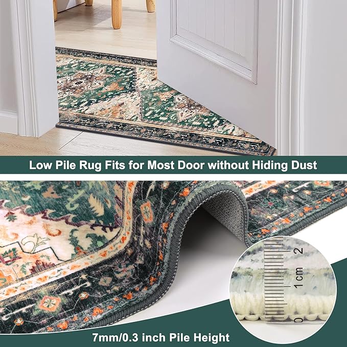 Yamaziot Washable Area Rug, 2x3 Small Entryway Rug Non-Slip Boho Vintage Rug with Rubber Backing, Low Pile Faux Wool Soft Distressed Floor Carpet for Indoor Door Mat, Kitchen, Laundry Bathroom
