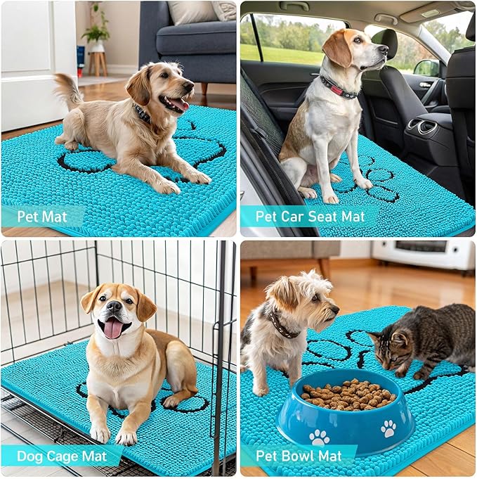 OLANLY Dog Door Mat for Muddy Paws 30x20, Paw Print Design, Absorbs Moisture and Dirt, Absorbent Non-Slip Washable Doormat, Quick Dry Chenille Mud Mat for Dogs, Entry Indoor Entryway Carpet, Aqua Blue
