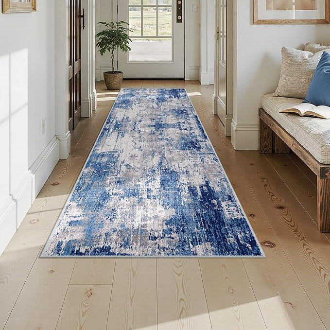 Washable Area Rugs 3x9 Non-Slip Modern Abstract Soft for Living Room Entryway Bedroom Nursery, Print Pattern, Blue Grey Navy Gray