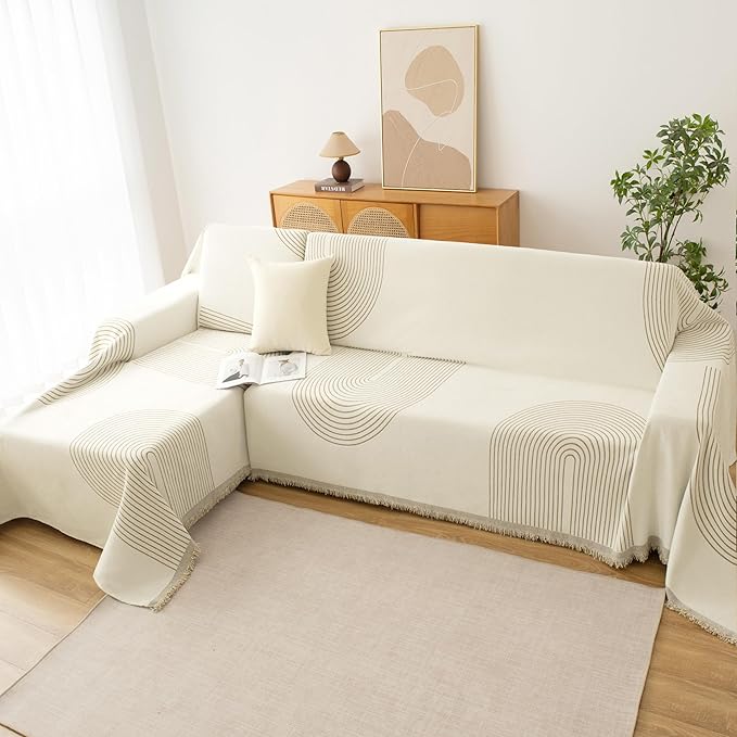 Couch Cover for Dogs, Boho Sofa Covers for 3 Cushion Couch, Chenille Sofa Slipcover for Pets Washable, L-Shape Sectional Couch Loveseat Cover Soft Throw Blankets with Tassels(71x118,Arc Beige)