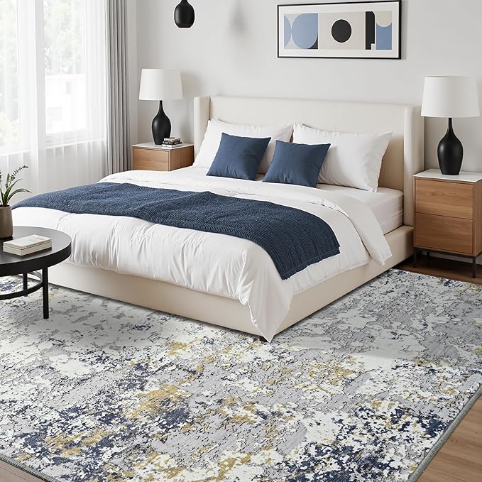 Toneed Abstract Area Rug Modern Washable Rug Soft Non Slip Rug Low Pile for Bedroom Living Room Dining Room Blue 4x6 Feet