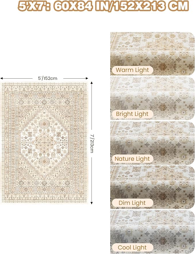 Area Rugs 5x7, Ultra-Thin Washable Rugs for Living Room, Anti-Slip Backing Area Rug for Bedroom, Soft Floral Vintage Home Decor Rug for Dining Room(Cream/Beige,5'x7')