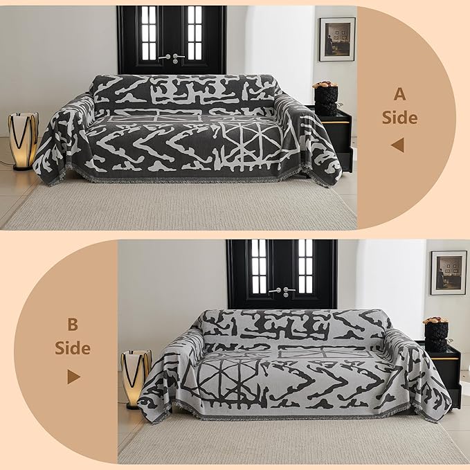 MYSKY HOME Boho Couch Cover Sofa Covers, Couch Covers for 2 Cushion Couch Sofa, Chenille L Shape Sectional Couch Cover - Pet-Friendly, Machine Washable, Sofa Protector for Kid, 71"x118", Grey Geometry