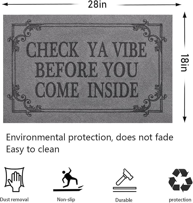 Doormat Home Decor Funny Doormat Check Ya Vibe Before You Come Inside This House Monogram Doormats Indoor Outdoor Rubber Welcome Mat Non-Slip Backing Entry Way Mats 28" x 18" Light Gray