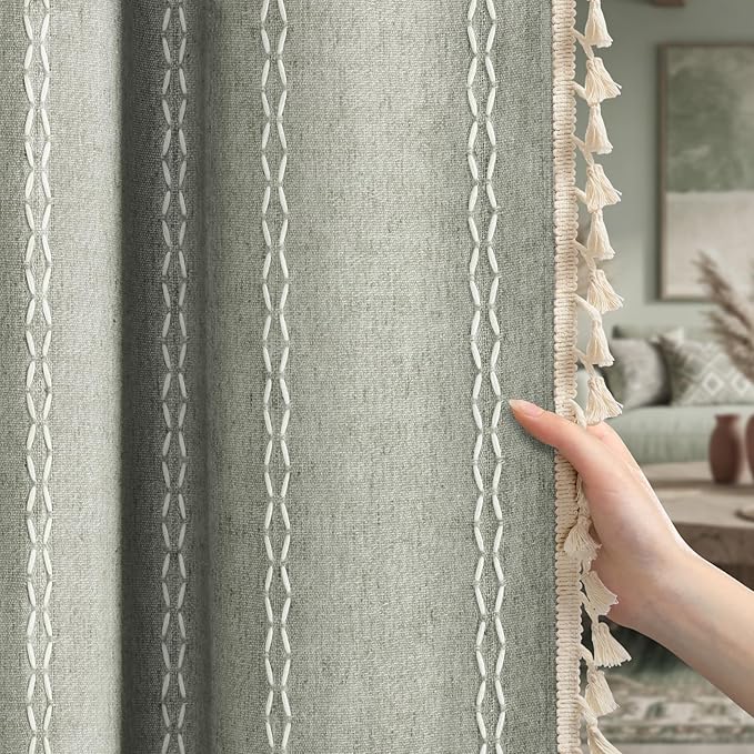 Boho Blackout Curtains 63 Inches Long Sage Green Linen Blend 2 Panels with Tassels and Cotton Embroidery, Farmhouse Vintage Rustic Rod Pocket Drapes for Living Room or Bedroom