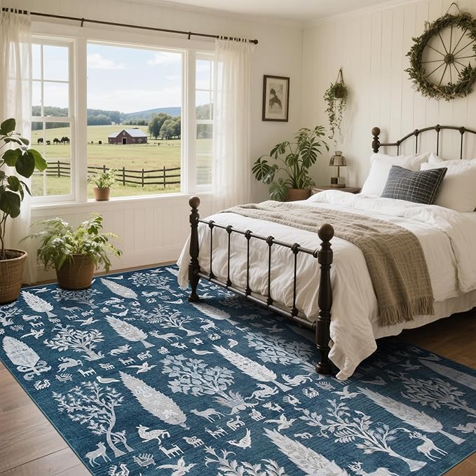 Washable Rugs 8x10 Area Rugs for Living Room,Bedroom,Dining Room- Large Ultra Soft Faux Wool Retro Carpet,Non Slip&Non-Shedding Low Pile Vintage Print Rug for Home Office Dorm Playroom-Blue