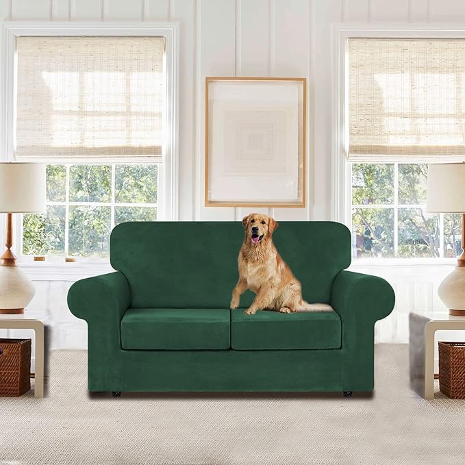 WEERRW Velvet Couch Covers for 2 Cushion Couch Sofa - High Stretch Velvet Plush 3 Pieces Sofa Slipcovers with Elastic Bottom, Furniture Protector for Pets, Machine Washable, Emerald Green, Medium