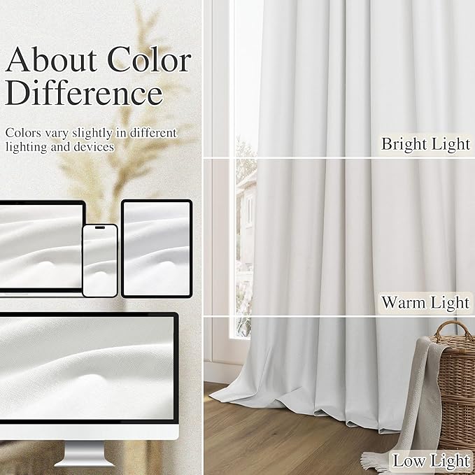 Guken Off White 100% Blackout Curtains 96 Inch Length 2 Panels Set for Living Room Bedroom Back Tab Thermal Insulated Black Out Linen Drapes Room Darkening Window Curtains 96 Inches Long