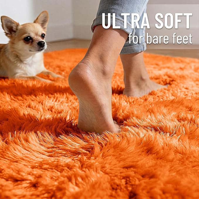 OLANLY Orange Round Rugs for Bedroom - Machine Washable, 6 ft Circle Area Rugs for Living Room, Soft and Fluffy Shaggy Carpet for Teen Girl and Boys, Nursery Rooms, Dorms, Home Decor Aesthetic