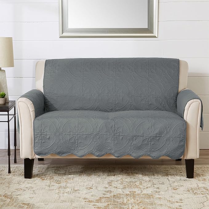 Great Bay Home Reversible Loveseat Cover - Washable Slipcover Furniture Protector with Elastic Straps - Perfect for Kids & Pets - Quilted & Stitched Detail (Mirage Gray/Flax)