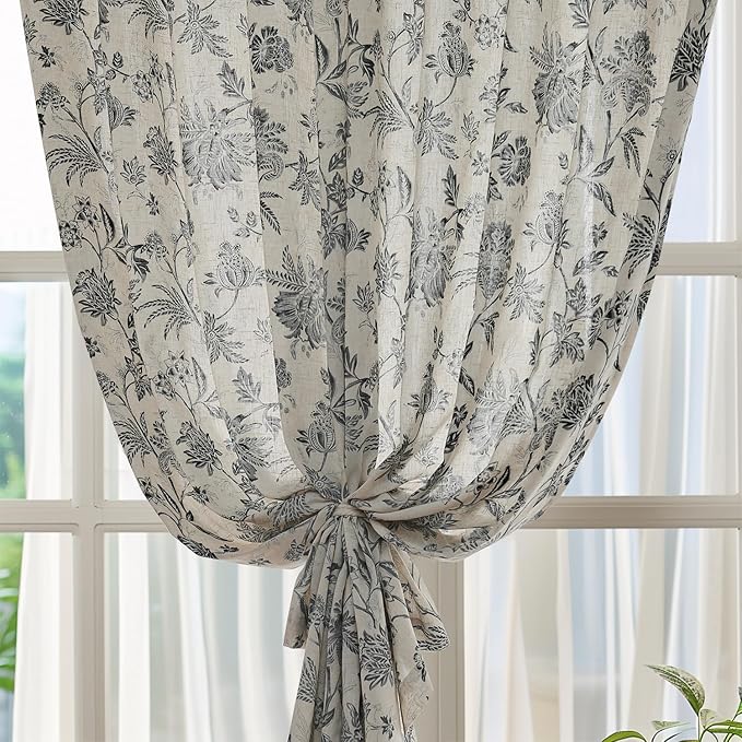 jinchan Linen Floral Curtains for Living Room with Printed Flower 96 Inches Long Light Filtering French Country Back Tab Rod Pocket Black Window Curtain Set Farmhouse Drapes 2 Panels Black