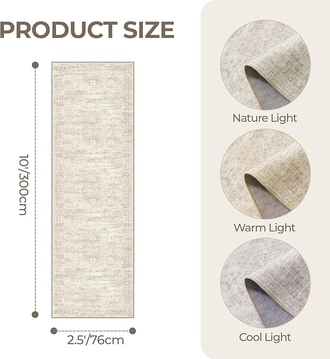 Kitchen Runner Rugs Non Skid Washable - 2.5 x 10 Runner Rug with Anti Slip Backing, Ultra-Thin Soft Rug Runner for Hallway, Bedroom, Living Room (2.5'x10', Beige/Ivory)