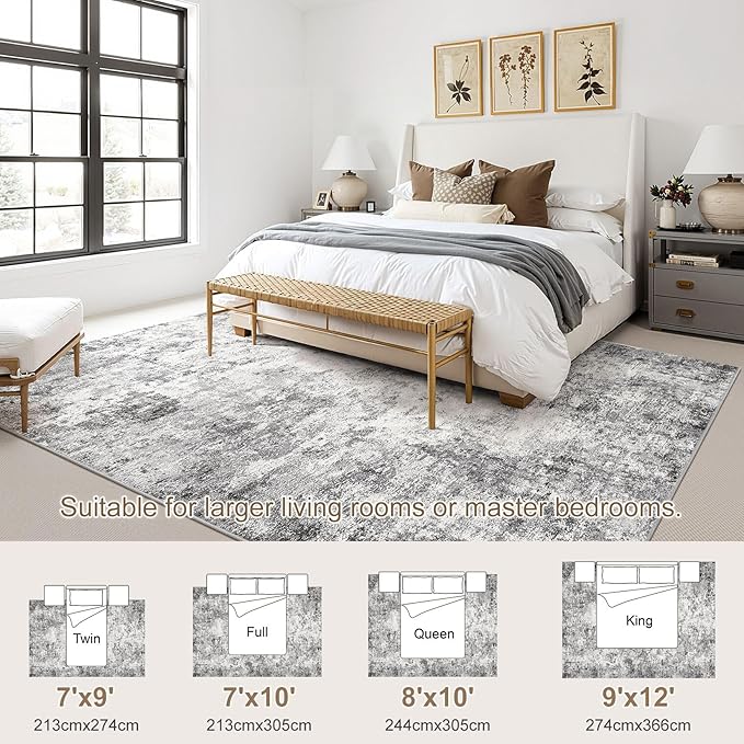 UERMEI 9x12 Area Rug Living Room Rugs - Washable Neutral Modern Abstract Soft Thin Large Rug Indoor Floor No Slip Rug Carpet for Bedroom Under Dining Table Home Office Decor - Grey
