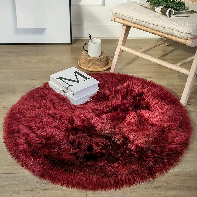 Ashler faux fur rug, Fluffy Shaggy Area Rug Ultra Soft 3 x 3 Feet Round Fur Rug, Deep Red Fuzzy Rug Machine Washable Shag Rug, Nursery Decor Throw Rugs for Bedroom, kids room, Living Room