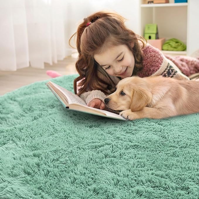 OLANLY Mint Green Round Rugs for Bedroom - Machine Washable, 2 ft Circle Area Rugs for Living Room, Soft and Fluffy Shaggy Carpet for Teen Girls and Boys, Nursery Rooms, Dorms, Home Decor Aesthetic
