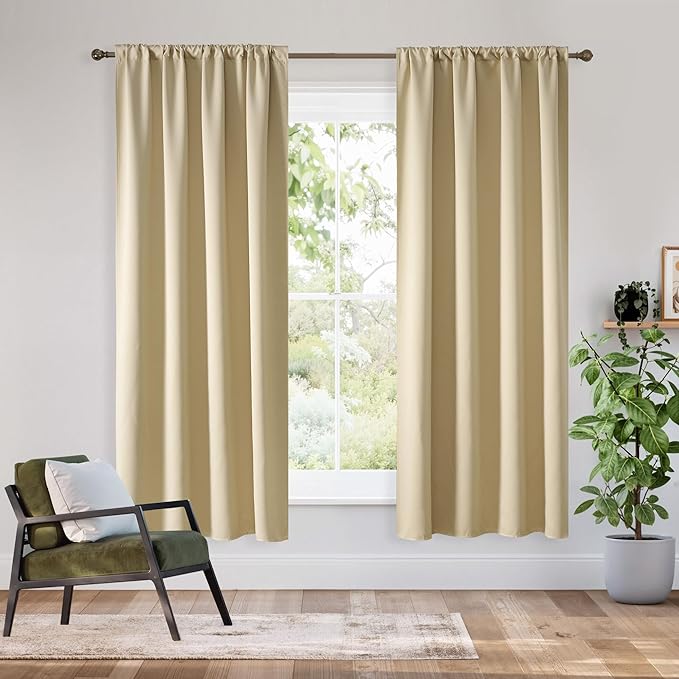 RYB HOME Bedroom Blackout Curtains 72 inches Long, 100% Blackout Thermal Insulated Noise Reducing Curtains for Living Room Nursury, 34 inches Wide by 72 inches Long, Biscotti Beige