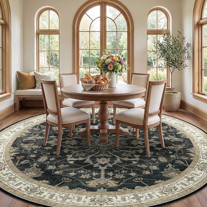 Area Rugs Round 8ft Washable Non-Slip, Floral Vintage Distress Print Pattern Medallion Carpet for Living Room Bedroom Dining Room, Vintage Black Brown Neutral