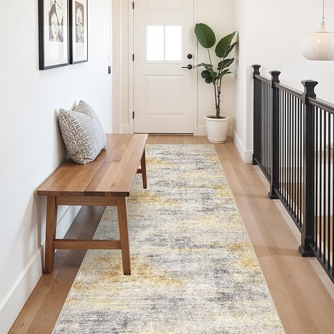 3x10 Washable Kitchen Runner Rug: Modern Abstract Runners for Hallway Soft Non Slip Rugs with Rubber Backing Low Pile Thin Floor Carpet for Entryway Bedroom Bathroom Bedside Indoor(Grey/Yellow,3x10)